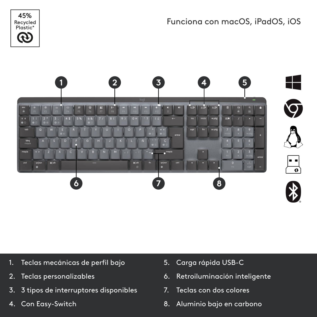 Logitech MX Teclado mecánico inalámbrico iluminado performance, teclas retroiluminadas, Bluetooth, USB-C, macOS, Windows, Linux, iOS, Android, Metal, US internacional QWERTY, Gris