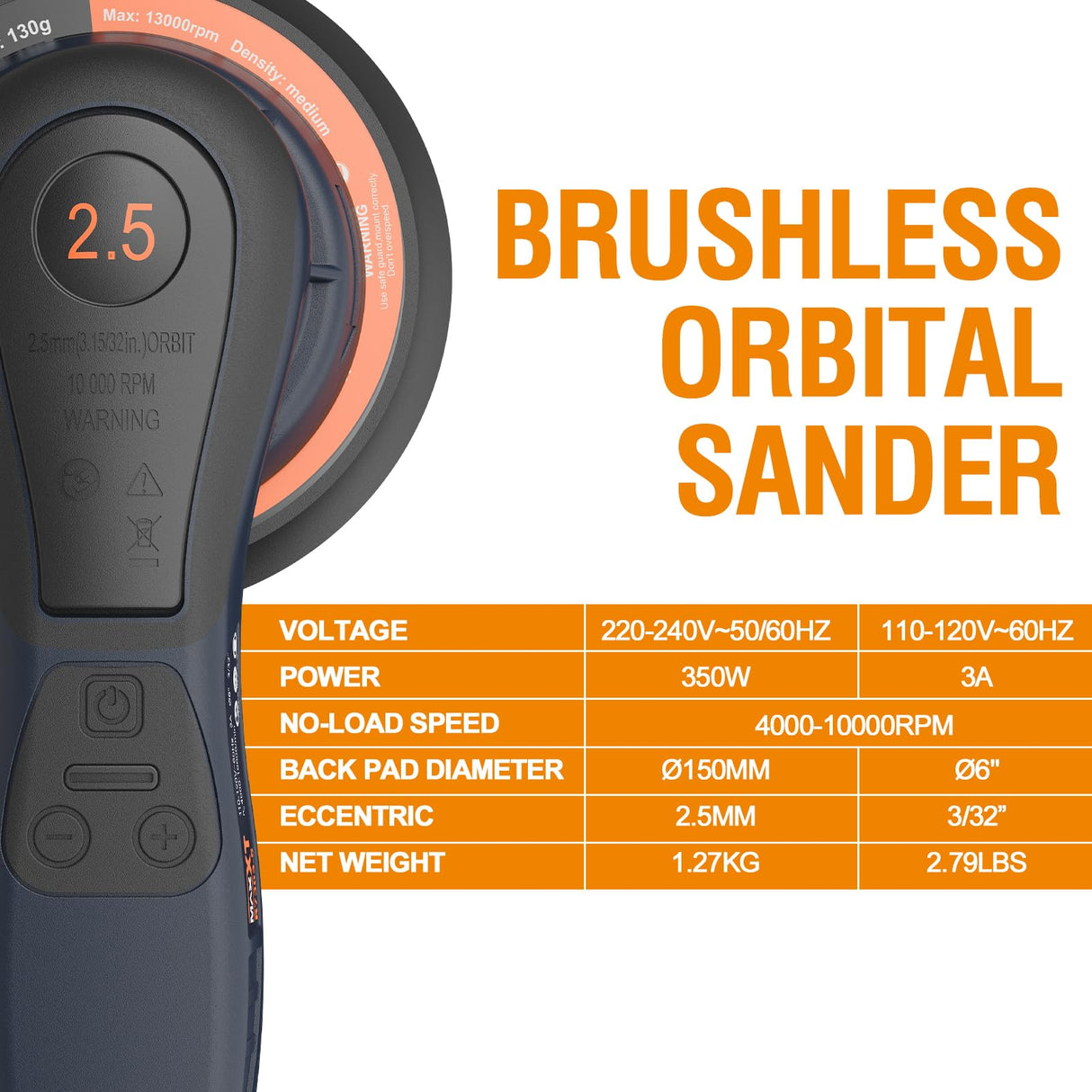 Lijadora orbital 2,5 mm sin escobillas 350W MAXXT, Lijadora electrica 150mm 4000-10000RPM-(6 velocidades ajustables) Freno automático-2s, conexión de tres núcleos y 10 hojas de papel de lija