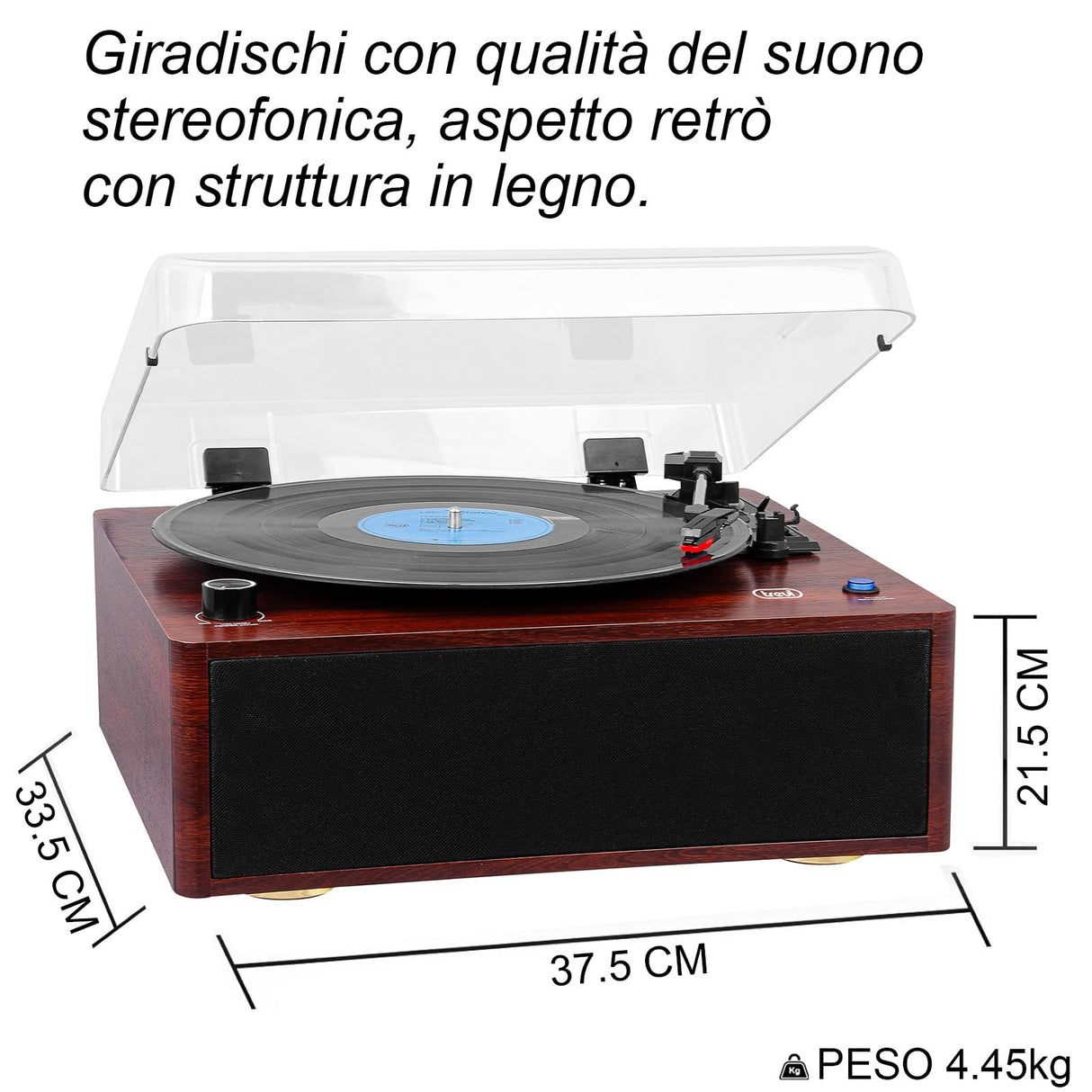 Trevi TT 1030 BT Tocadiscos con Mueble de Madera, conexión Audio inalámbrica Entrada/Salida, Reproductor de vinilos 33/45/78 RPM, Salida RCA, Altavoces incorporados