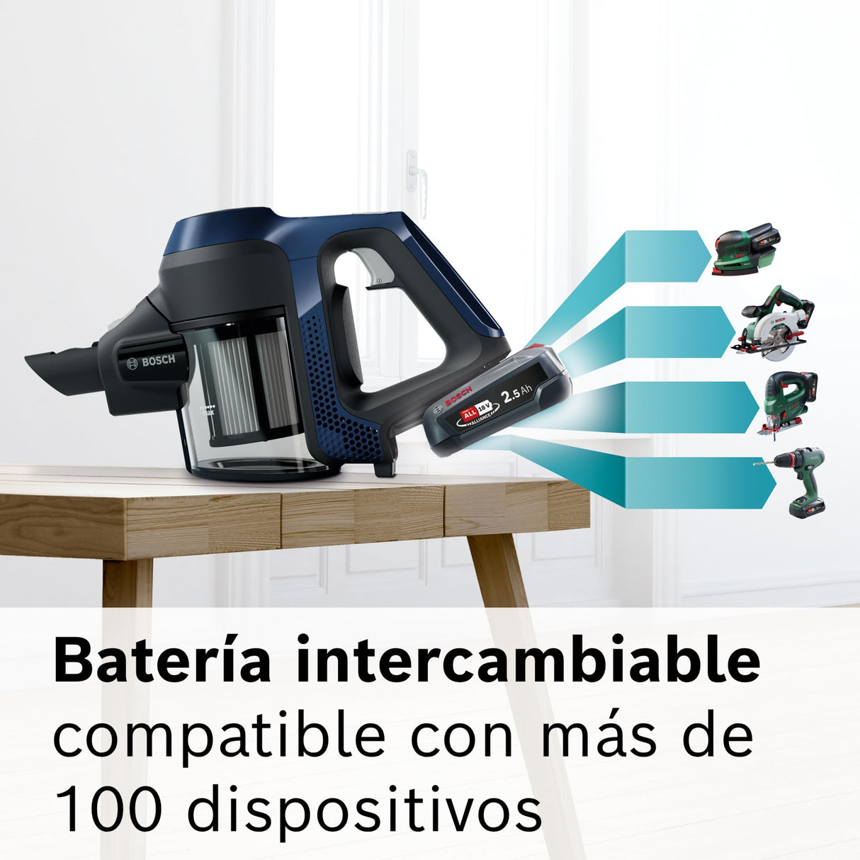 Bosch Unlimited Serie 6 BBS611PCK - Aspirador escoba sin cable, hasta 30 minutos de duración, 18 V, incluye 1 Batería Extraíble (Power for ALL), color azul
