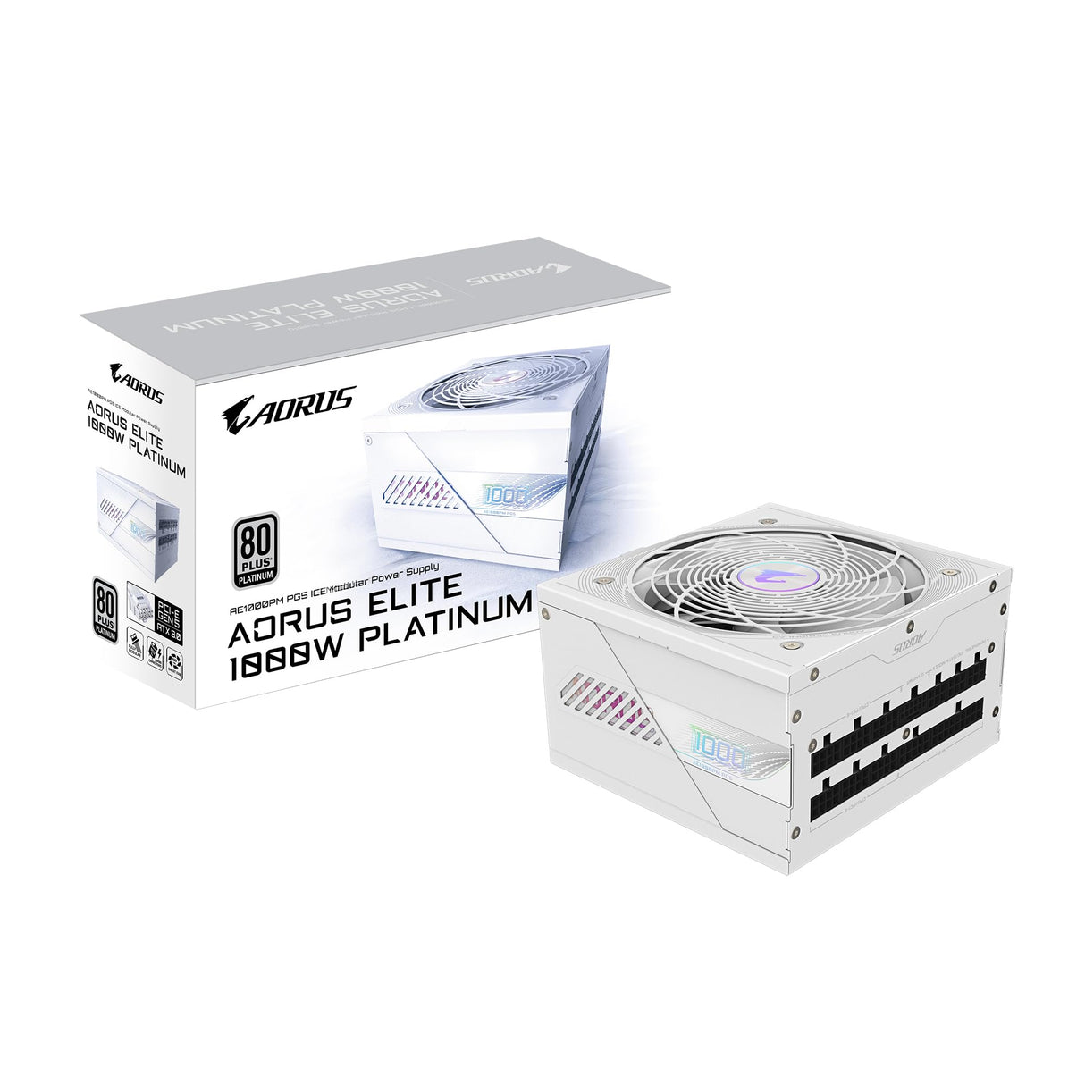 GIGABYTE AORUS Elite P1000W Ice Fuente de Alimentación - PCIe 5.0, 80 Plus Platinum, Diseño Completamente Modular, Ventilador de 120 mm, Compatible con ATX 3.0, Enchufe UE