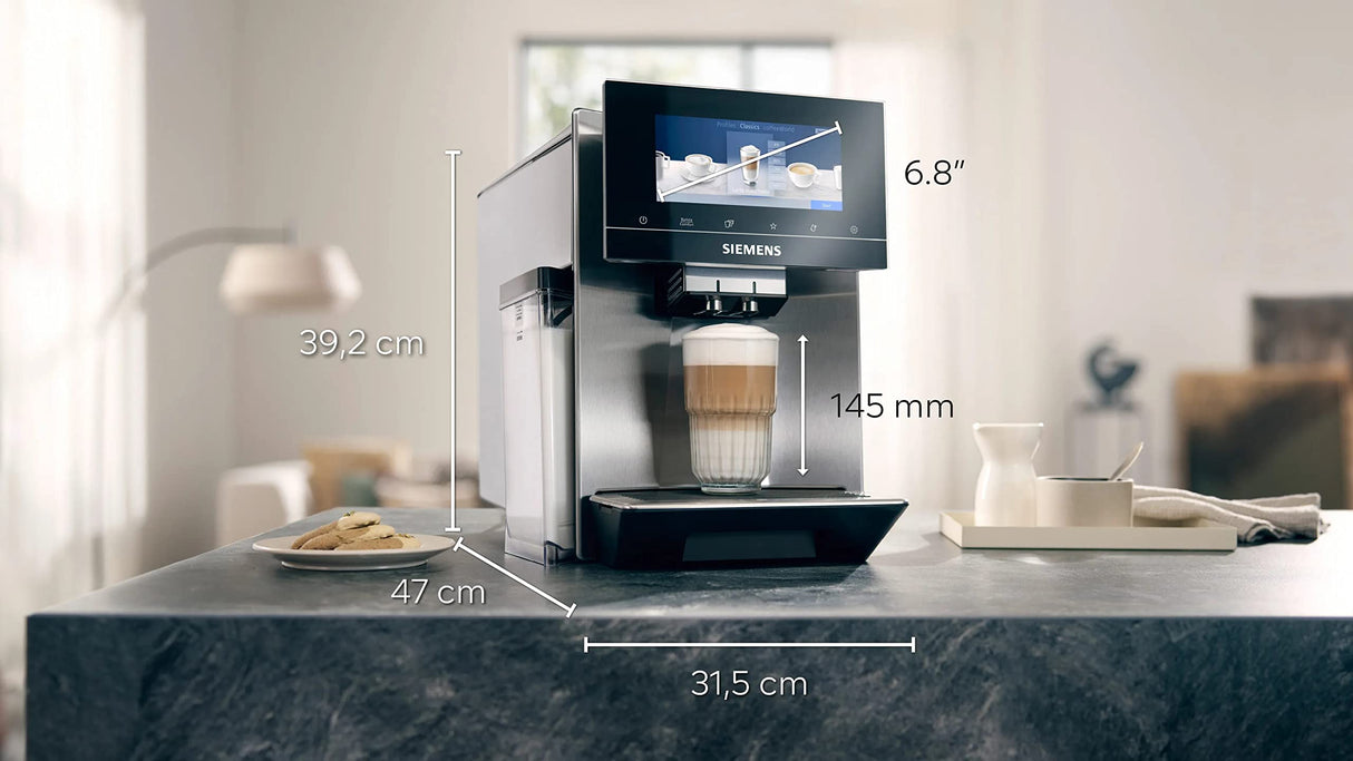 Siemens EQ900, cafetera totalmente automática con molino, BaristaMode, eGrinder, sistema beanIdent, pantalla iSelect de 6,8 pulgadas, aplicación Home Connect, acero inoxidable, TQ905R03