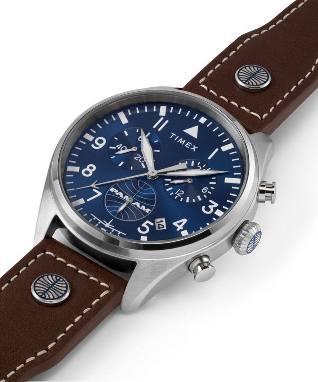 Timex Chronograph - Reloj de 42 mm para hombre, cuero marrón, esfera azul, caja de acero inoxidable TWG030000