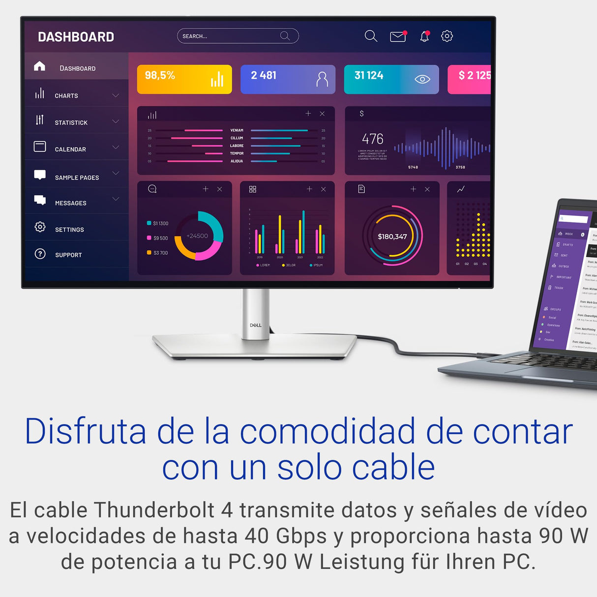 Dell U2724DE UltraSharp Thunderbolt 27" QHD (2560x1440) Monitor, 120Hz, IPS Black, 5ms, 98% DCI-P3, 2x Thunderbolt, 2x USB-C, 2x DisplayPort, HDMI, 4x USB, RJ45, 3 Años de Garantía, Plata