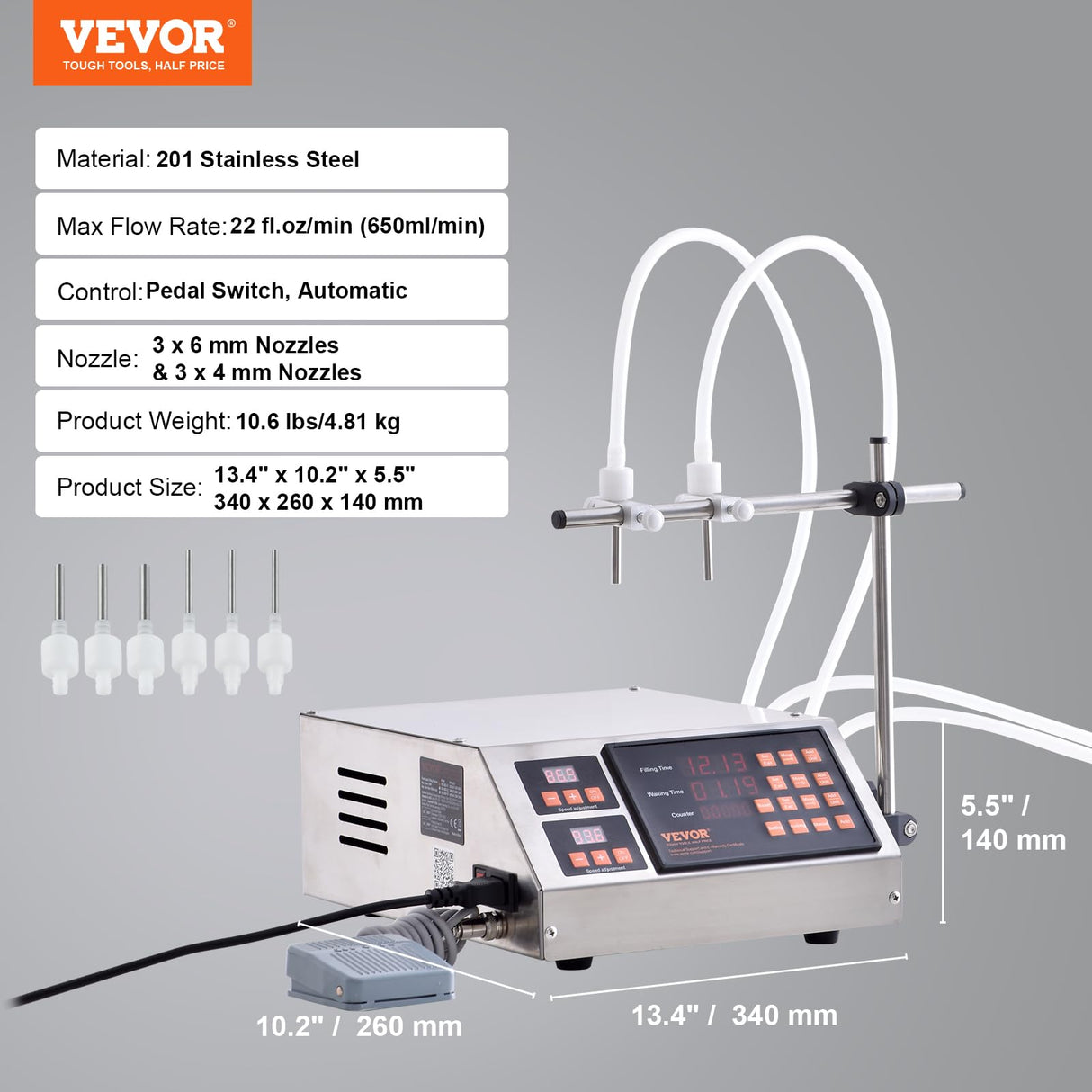 VEVOR Máquina Automática de Llenado de Líquidos Capacidad de Pesaje 5 a 650ml Llenadora de Botellas Bomba Peristáltica de Control Digital para Leche, Agua, Vino, Bebidas, Salsa de Soja, Boquilla Doble