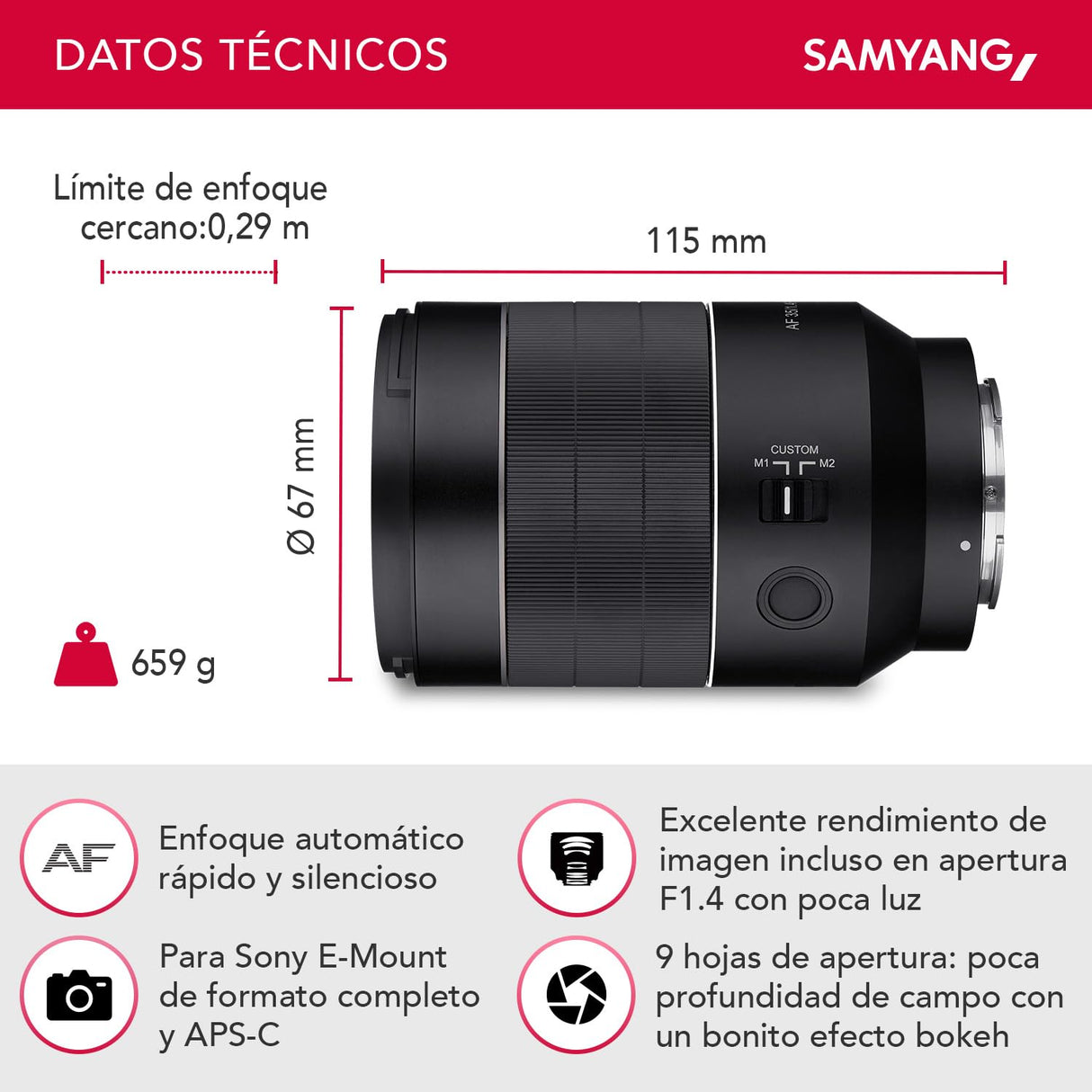 Samyang AF 85 mm F1.4 EF para Canon EF, Teleobjetivo ligero y compacto para tomas de retratos, con enfoque automático DSLM rápido, Para cámaras Canon SLR de fotograma completo y APS-C
