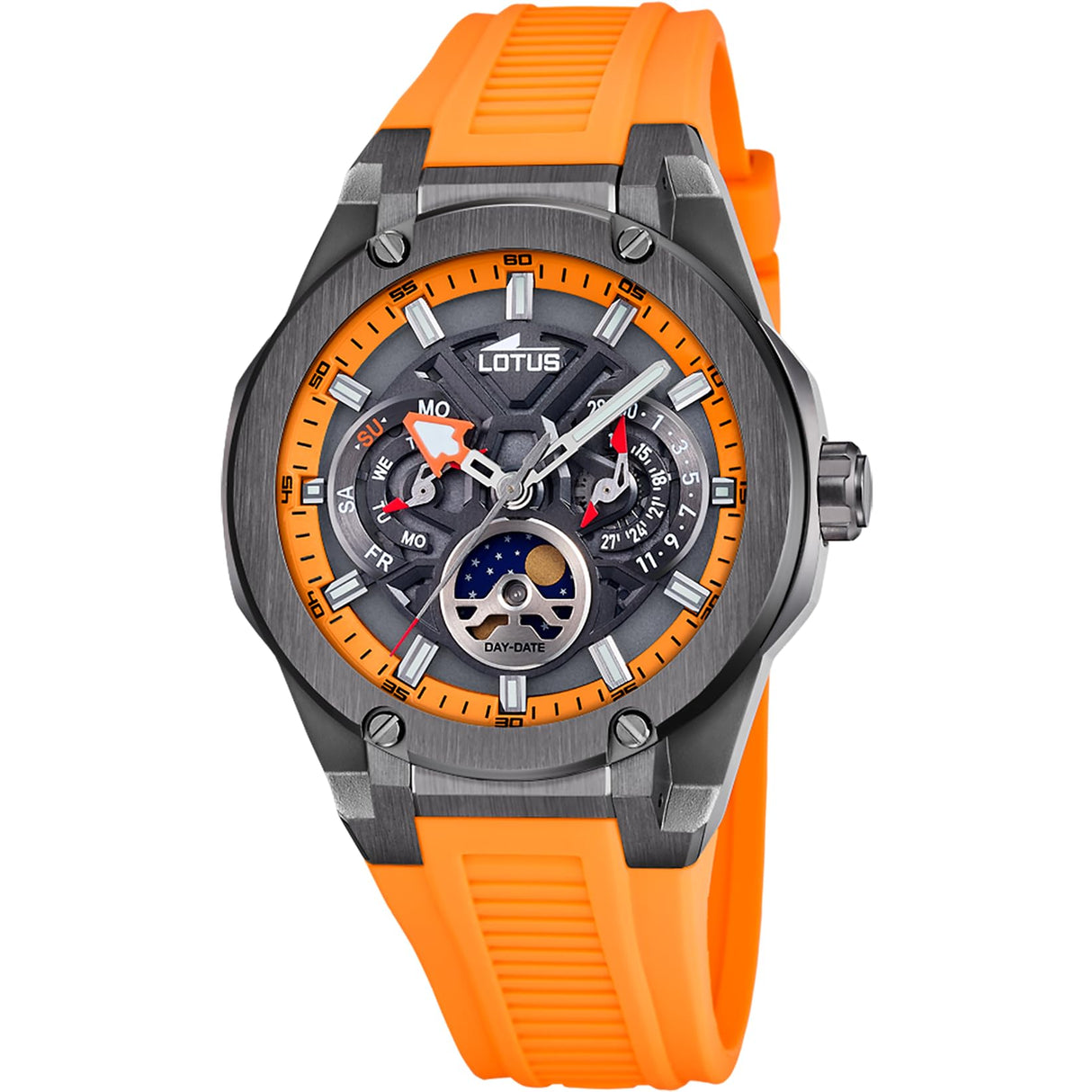 Lotus Reloj Hombre 18946/3 Vortex con Fase Lunar Caja de Acero Inoxidable 316l Negro Correa de Caucho Naranja