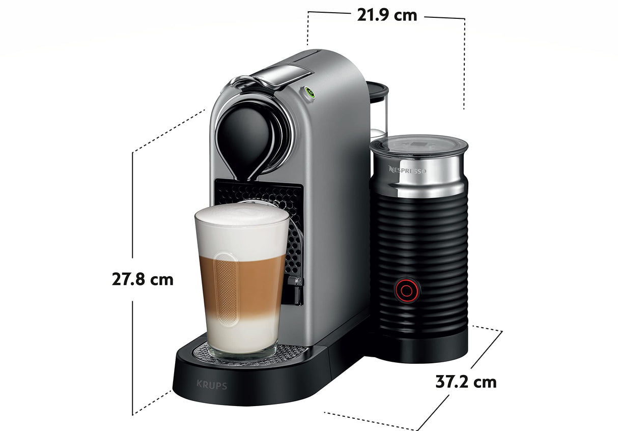 Krups Nespresso Citiz & Milk XN761B - Cafetera de cápsulas monodosis, con 19 bares de presión, thermoblock, capacidad 1L, función automática, con Aeroccino, color Plata, incluye pack de bienvenida