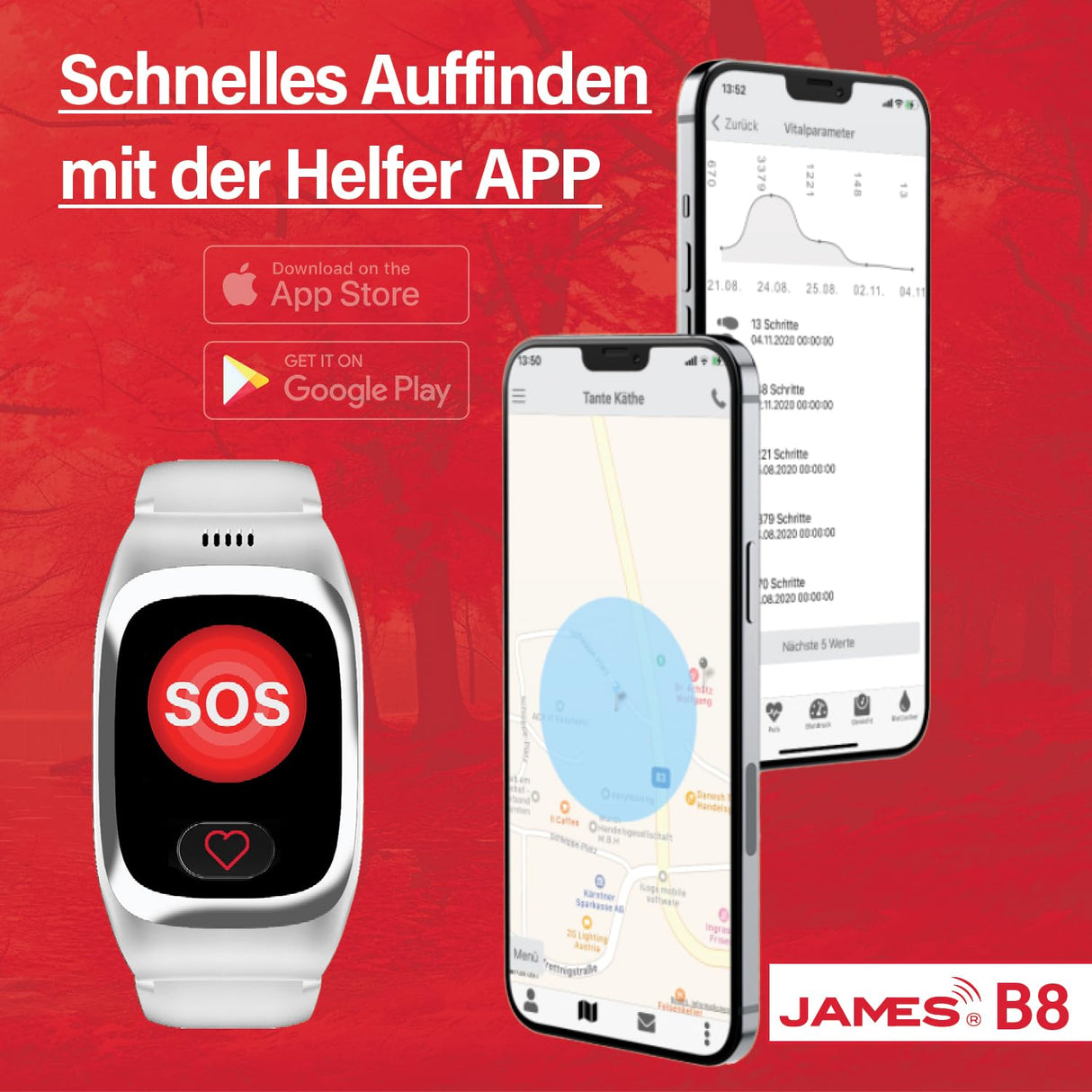 James B8 - Reloj de llamada de emergencia y seguridad para ancianos, detección de caídas, botón de llamada de emergencia y localización GPS, funciones de salud, por ejemplo, pulso, aplicación familiar