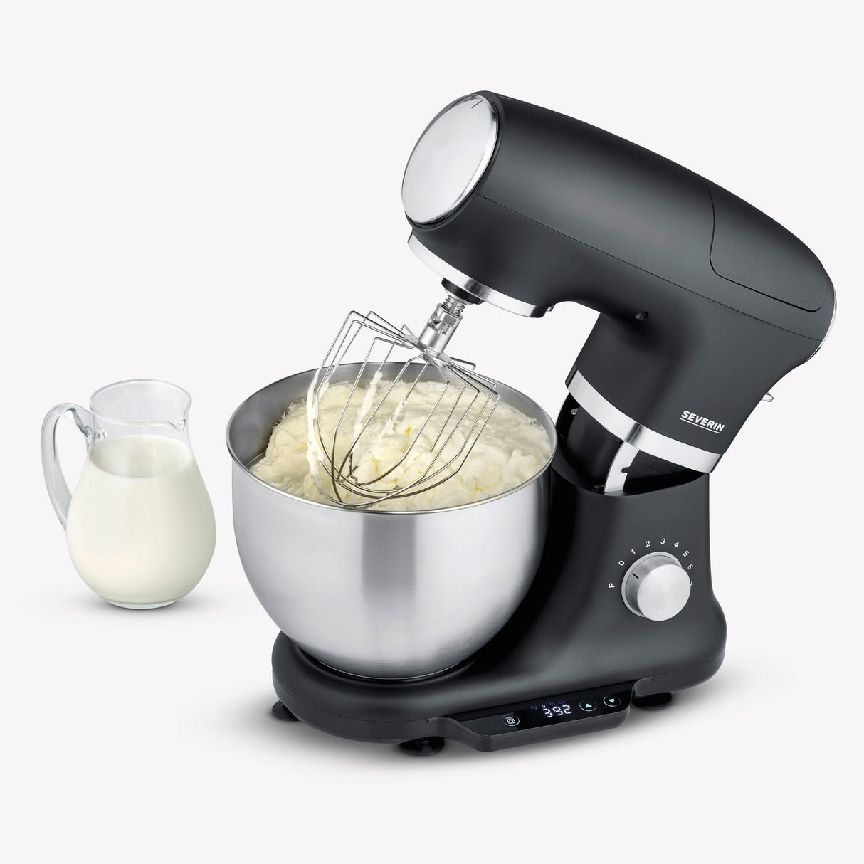 SEVERIN Robot de cocina con báscula, amasadora profesional hasta 3kg, robot multifunción con gancho amasador, batidor plano y varillas, 1000 W, negro mate/acero inoxidable, KM 3898
