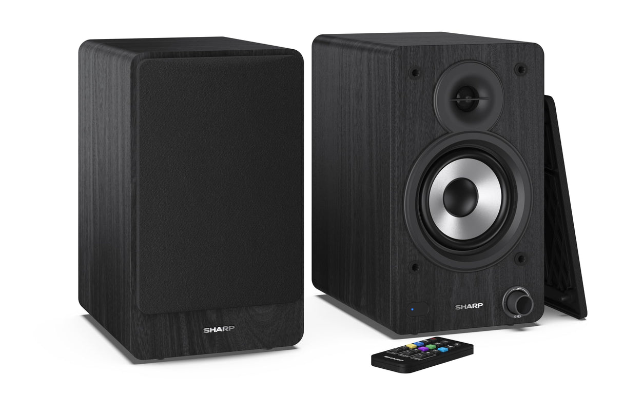 Sharp CP-SS30(BK) Pareja Altavoces estantería Activos 2vías, 60W RMS (2x30W) Carcasa Madera, Bluetooth v5.0, USB, óptica, Auxiliar, RCA, Ajuste Graves y Agudos, Rejilla extraíble, Mando a Distancia.