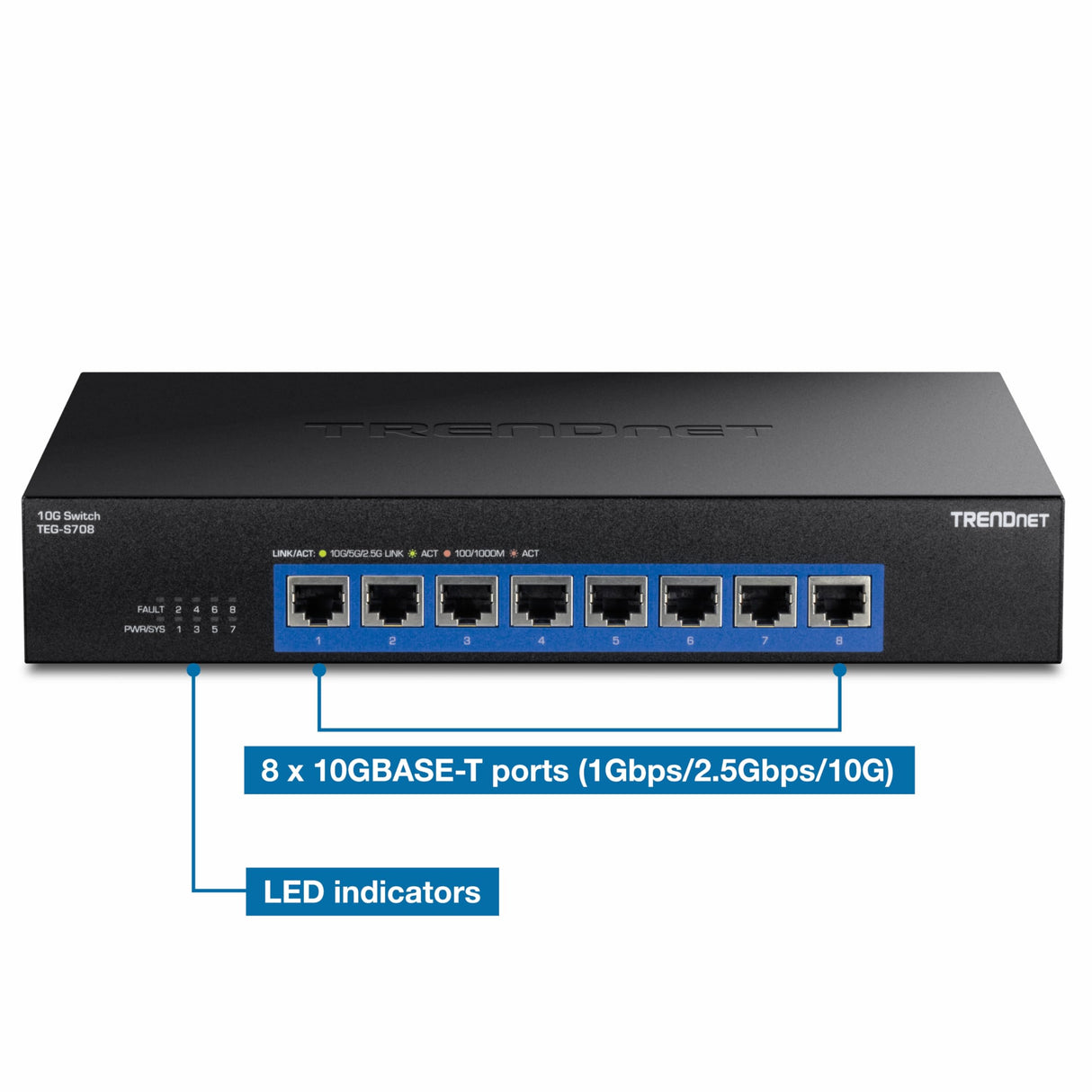 TRENDnet Interruptor de 8 Puertos 10G, 8 Puertos RJ-45 de 10 G, Capacidad de conmutación de 160 Gbps, Montaje en Rack de 10 Conexiones de Red Gigabit, protección de por Vida, Negro, TEG-S708
