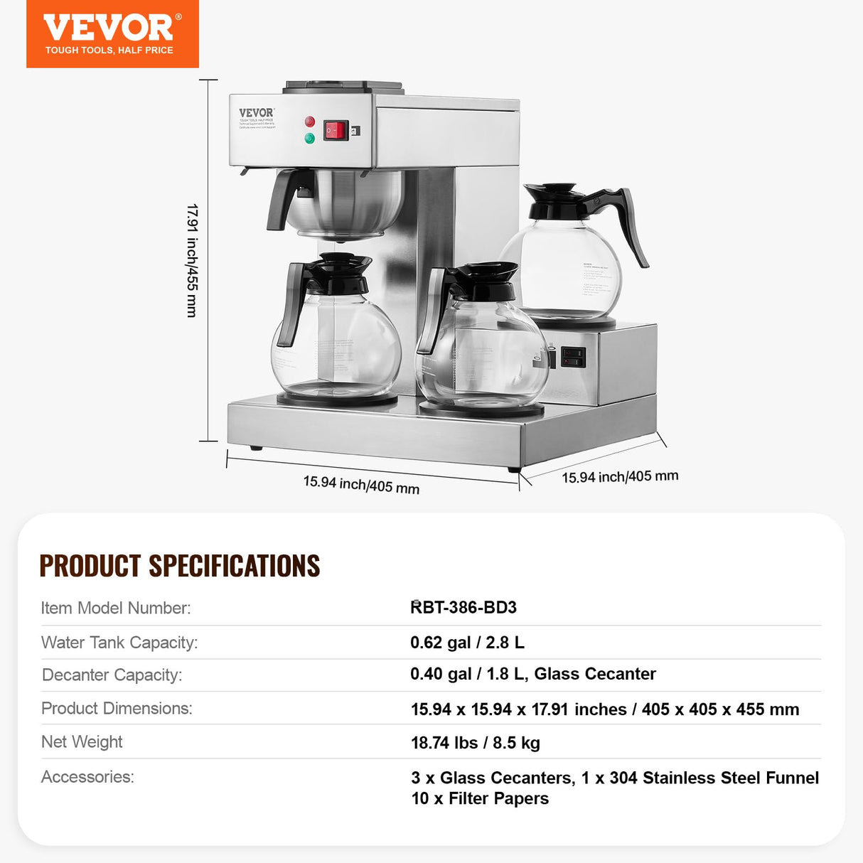 VEVOR Cafetera de Goteo Comercial Máquina de Café con 3 Jarras de Vidrio y 3 Placas Calentadoras Cafetera de Acero Inoxidable con Entrada Automática de Agua para Restaurante, Oficina, Cafetería