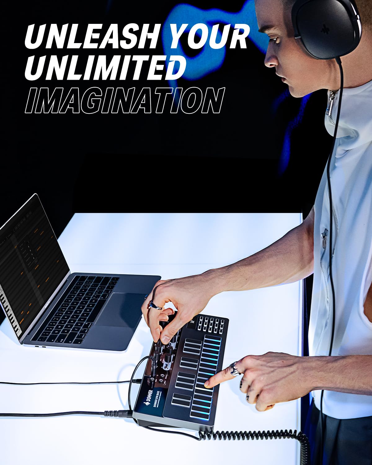 Sintetizador de bajo analógico y secuenciador, Donner Essential B1 con interfaz de usuario intuitiva, memoria de 128 patrones, efectos de saturación y retardo, ideal para un sonido de ácido clásico