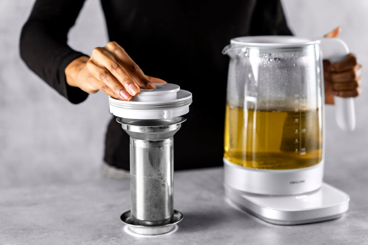 ZWILLING ENFINIGY Hervidor de vidrio con colador de té, Ajuste de temperatura y temporizador de té, 1850 W, 1,7 l, Blanco