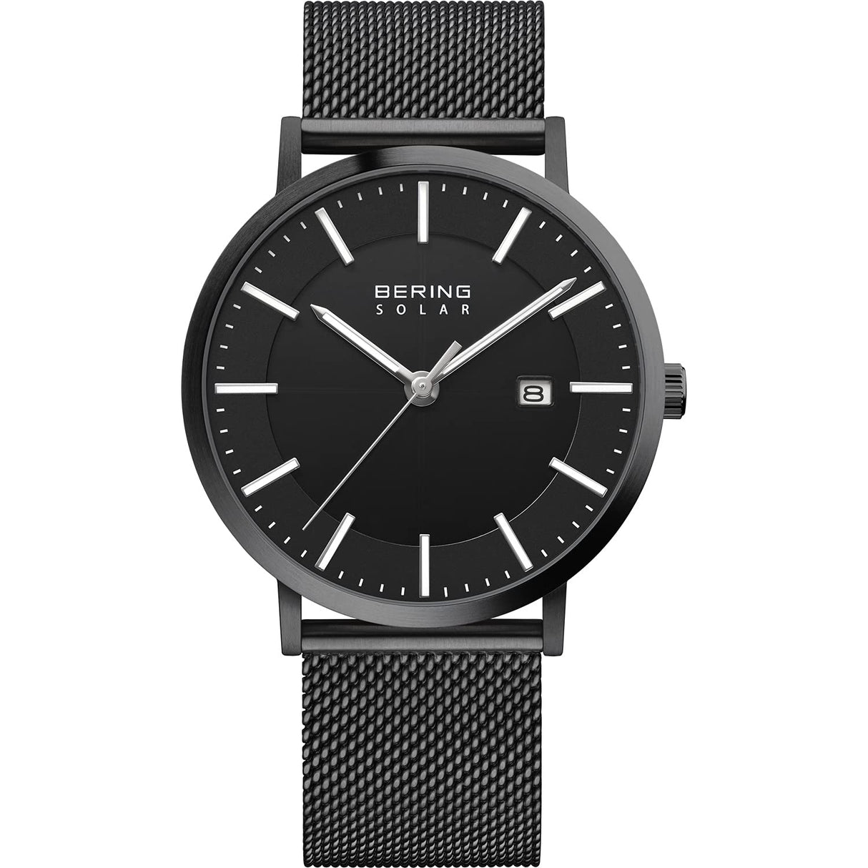 BERING 15439-222 Reloj solar para hombre con caja de acero inoxidable de 39 mm con acabado negro y esfera negra, correa milanesa, cristal de zafiro y resistencia al agua de 10 ATM