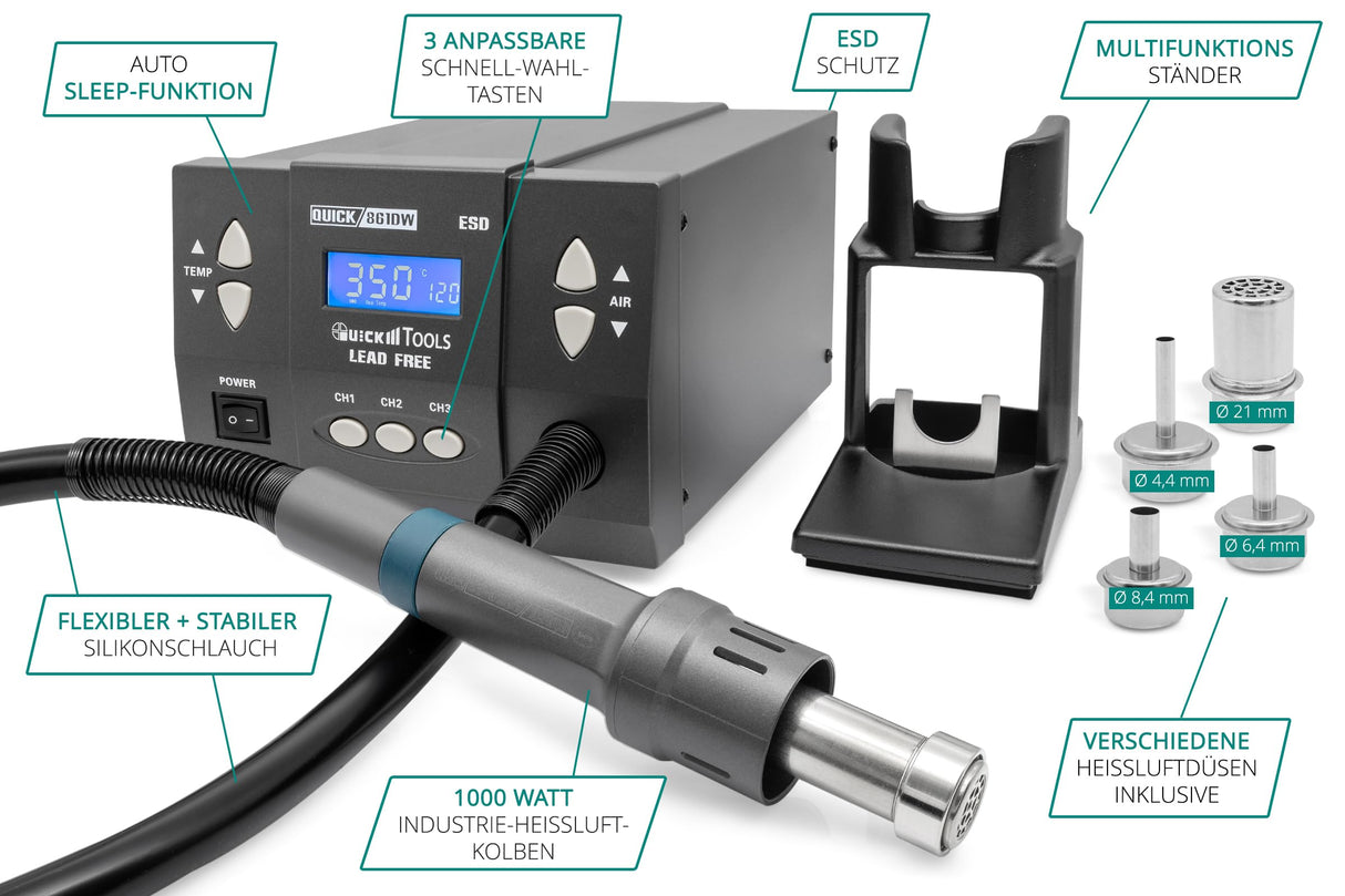 QUICK 861DW - Estación de soldadura profesional de aire caliente (1000 W/rango de temperatura de 100 – 500 °C, aire caliente 120 L/min, estación de trabajo SMD, función de calibración, modo de espera,