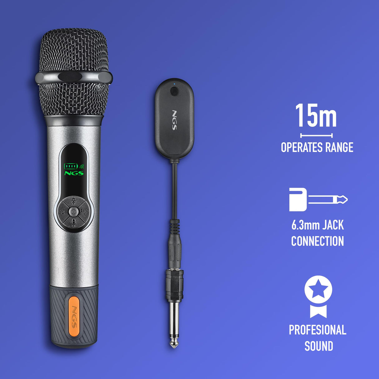 NGS Singer Star Duo – Pack 2 Micrófonos Inalámbricos Dinámico 2,4GHz, Autonomía 30h, Control de Volumen y Eco, Indicador de Batería, Conexión Jack 3,5mm y 6,3mm – Ideal para Karaokes y Eventos