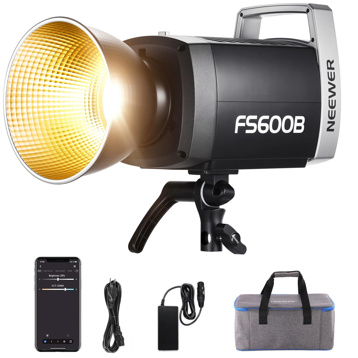 NEEWER 600W Luz LED Foco Video para Estudio 2,4G/App Control 87100Lux/1m, Luz Continua COB Bicolor 2700K-6500K con CRI95+, 12 Escenas, Foco Montura Bowens para Fotografía Grabación Streaming, FS600B