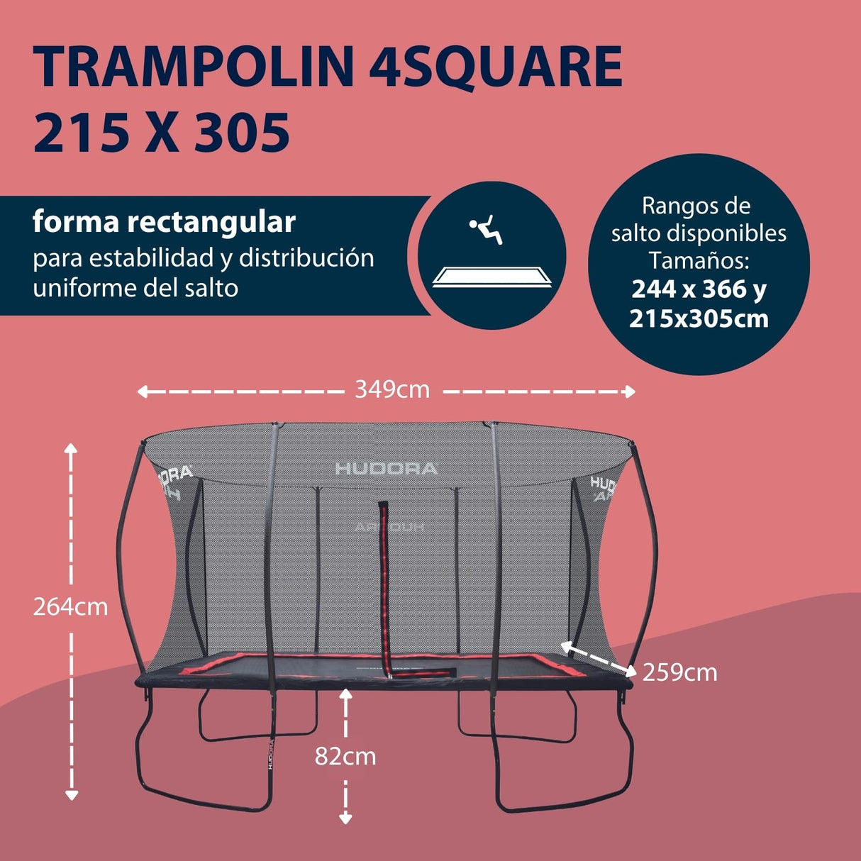 HUDORA Trampolin 4square - Trampolín rectangular al aire libre de 244x366/215x305 cm - Cama elástica deportiva rectangular para hasta 120 kg - Trampolín familiar con alta capacidad de salto