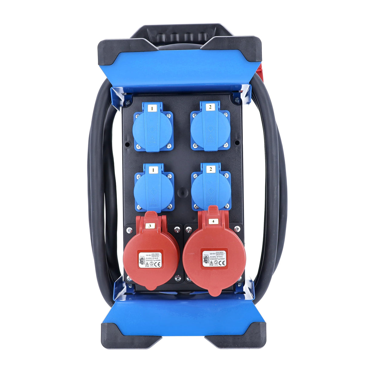 as - Schwabe 60963 - Distribuidor de corriente portátil (enchufe CEE 13 + 4 tomas schuko + 2 enchufes CEE + FI/RCD, IP44, fabricado en la UE I 60963)