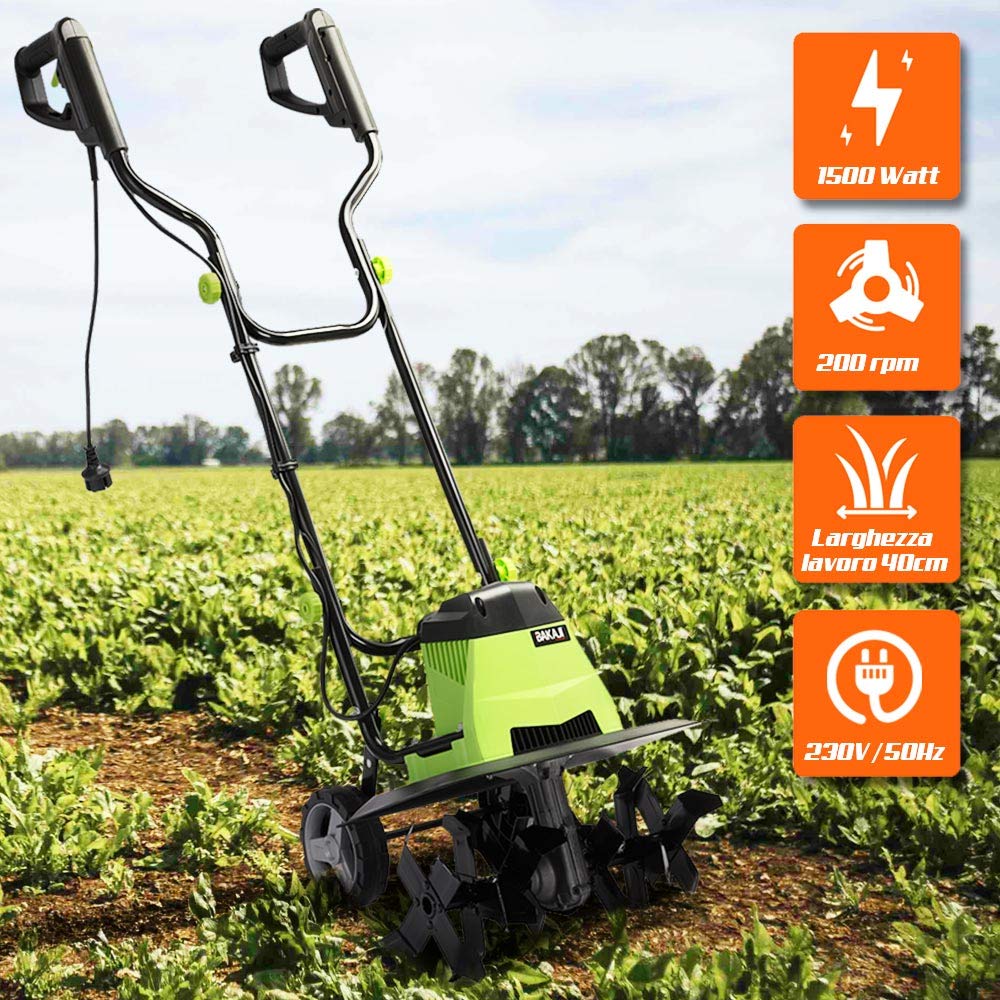 Bakaji Motoazada para huerto eléctrico Potencia 750W Zappadora de Motor eléctrico 4 Cuchillas de 20cm Ancho de Trabajo 32 cm Velocidad 380 RPM con Mango ergonómico para Cultivos de jardín