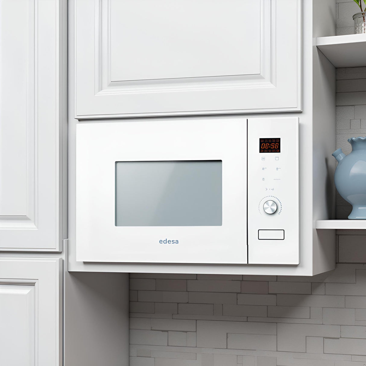 EDESA Microondas EMW-2020-IG WH de encastre de 20 litros, 800W y con grill 1000W Recinto interior de acero inoxidable Funciones de Descongelación y calentamiento Ancho 59.5 Color Blanco
