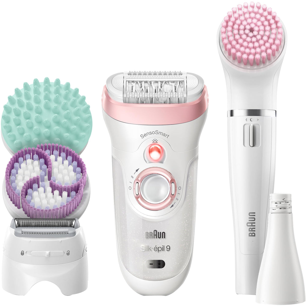 Braun Silk-épil 9 Kit Depiladora Eléctrica Mujer, 9-995 Deluxe 9 en 1, Depilación inalámbrica en seco y húmedo, Depiladora, afeitadora, exfoliante, kit de limpieza facial y corporal, blanco/rosa