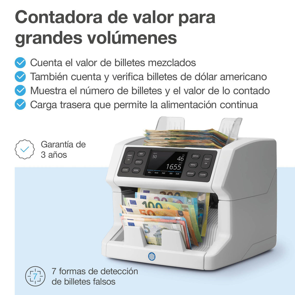 Safescan 2885-S Contadora de billetes, cuenta el valor de billetes mezclados incluyendo USD - Contadora detectora de billetes falsos en 7 puntos - Máquina para contar billetes con interfaz multilingüe