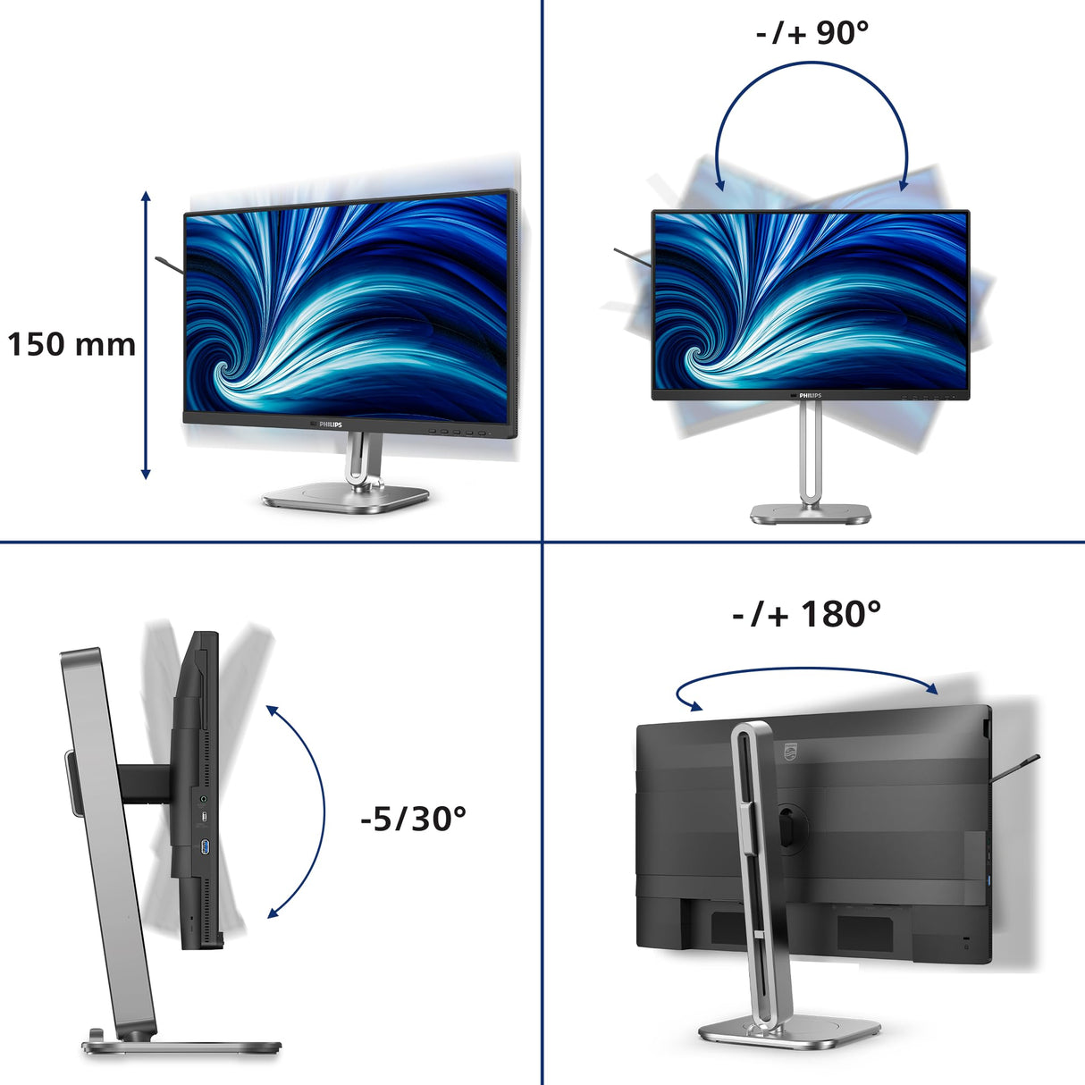 Philips 24B2N4200 - Monitor FHD de 24 Pulgadas, Altavoces, Altura Ajustable (1920 x 1080, 120 Hz, VGA, HDMI 1.4, DisplayPort 1.2, concentrador USB) Negro Gris