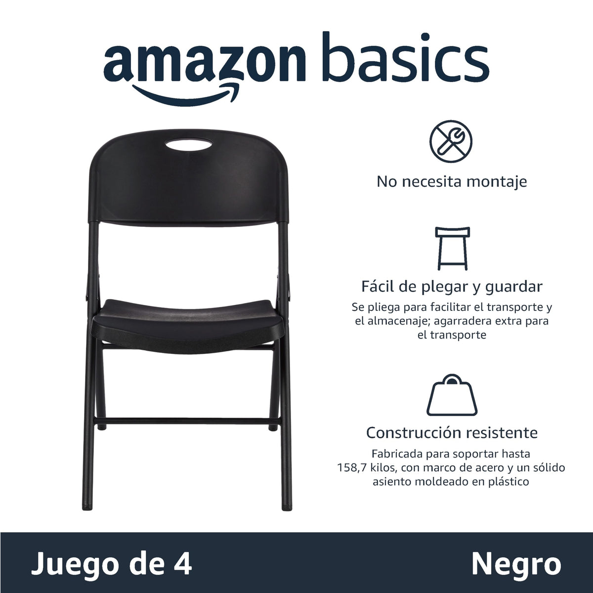 Amazon Basics Juego de 4 sillas plegables de plástico y metal, sillas de camping, sillas de cocina, para interiores y exteriores, color negro, hasta 158 kg