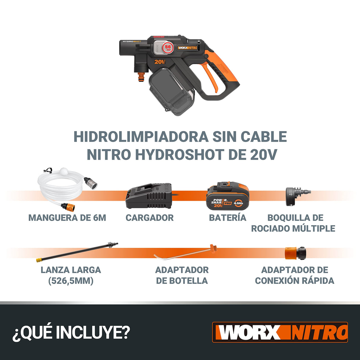 WORX Nitro Hidrolimpiadora a batería Hydroshot 20V MÁX | PowerShare | Limpieza de terrazas y Lavado de Coches | máx. 56 Bares | 220L/H | Incluye batería de 4,0Ah y Cargador | WG633E