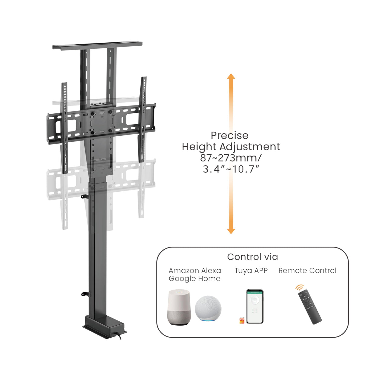 Maclean MC-866T Soporte para TV de Altura Ajustable Eléctricamente, Instalación Elevadora para TV de 37-80", Control Remoto y por Aplicación, Compatible con Tuya, Carga MAX. 60 kg, MAX. VESA 600x400