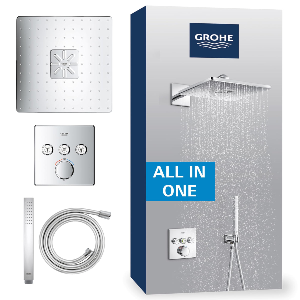 GROHE Precision SmartControl 310 Sistema de ducha empotrado (ducha mural de 310 mm, 2 tipos de chorro, caja de instalación universal, manguera de ducha de 1500 mm), cuadrado, cromo, 34875000