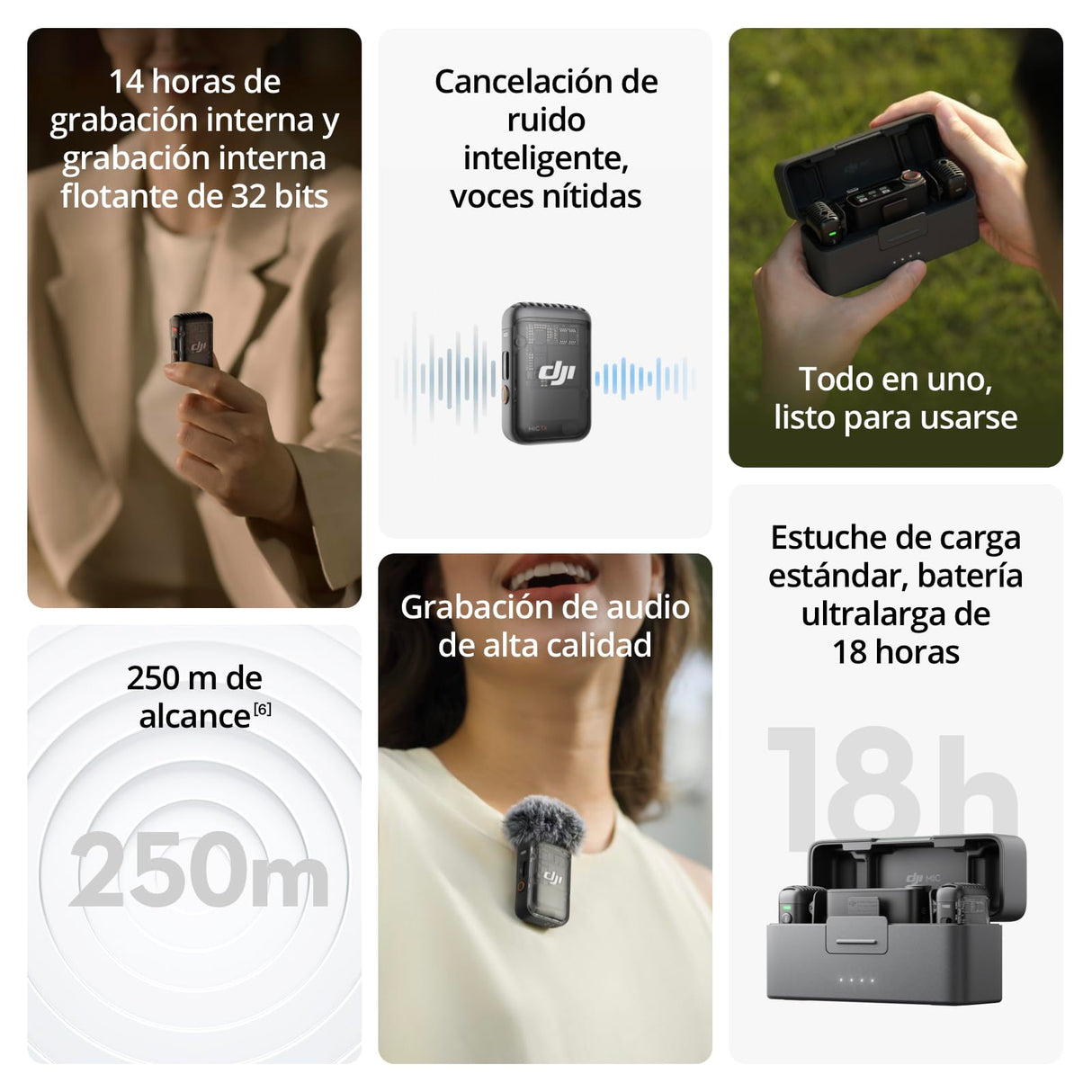 DJI Mic 2 (2 TX + 1 RX + Estuche de carga), todo en uno, micrófono inalámbrico, cancelación de ruido inteligente, grabación interna flotante de 32 bits, micrófono para iPhone y Android