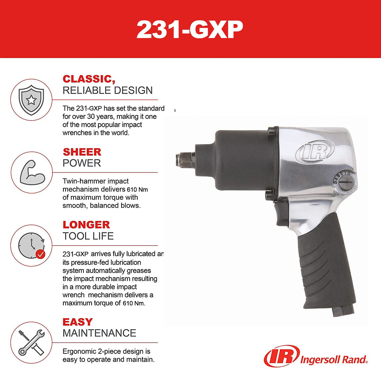 Ingersoll-Rand Llave de Impacto Neumática 231GXP, Impacto de Aire Compromido, 1/2 Pulgada, 1 Unidad