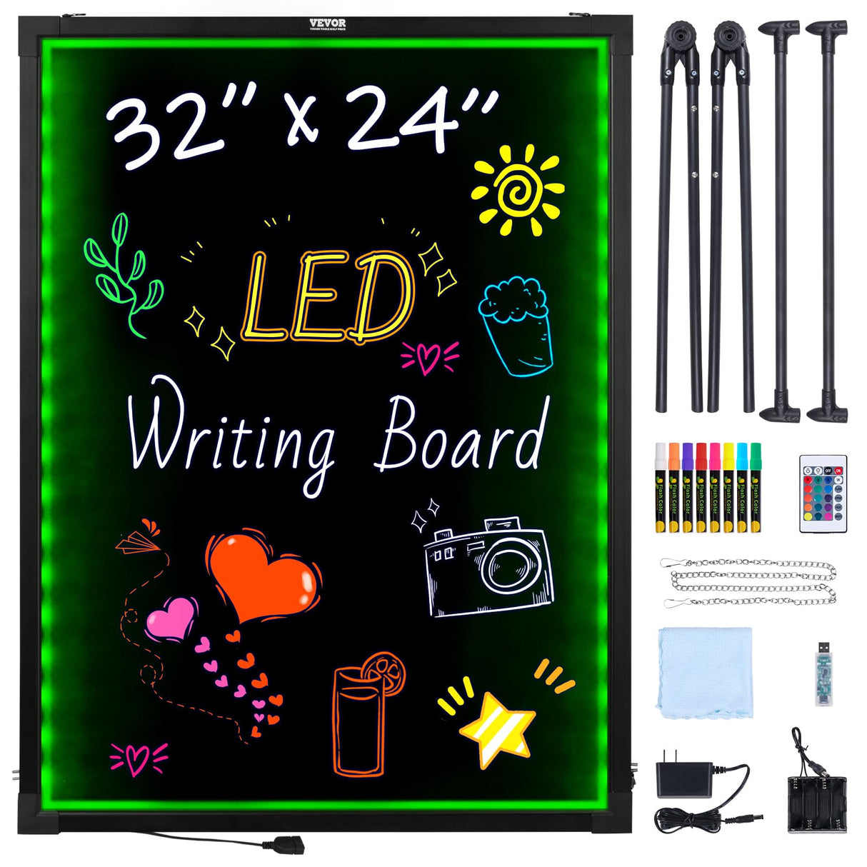 VEVOR Tablero de Escritura de Mensajes LED, Pizarra Iluminada Borrable de 598 x 798 x 9 mm, Tablero de Letrero de Menú con Efecto Neón, con 8 Marcadores de Tiza Fluorescentes y Control Remoto, RGB