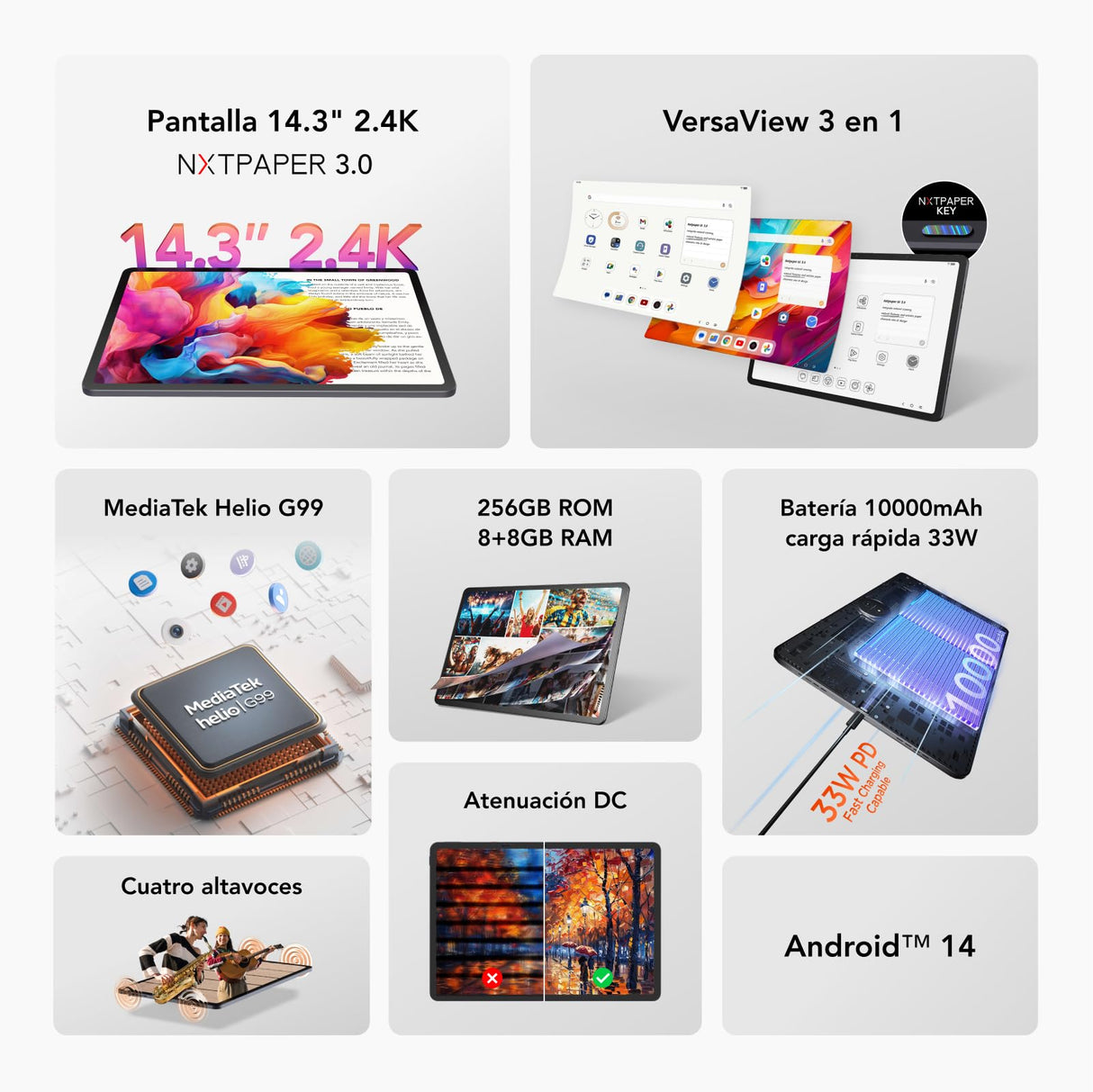 TCL NXTPAPER 14 WiFi - Tablet de 14.25" 2.4K, Octa-Core, 8GB de RAM (+8GB Extensión RAM), Memoria de 256GB, 10000 mAh de Batería, Carga rápida 33W, Android 14, Gris.