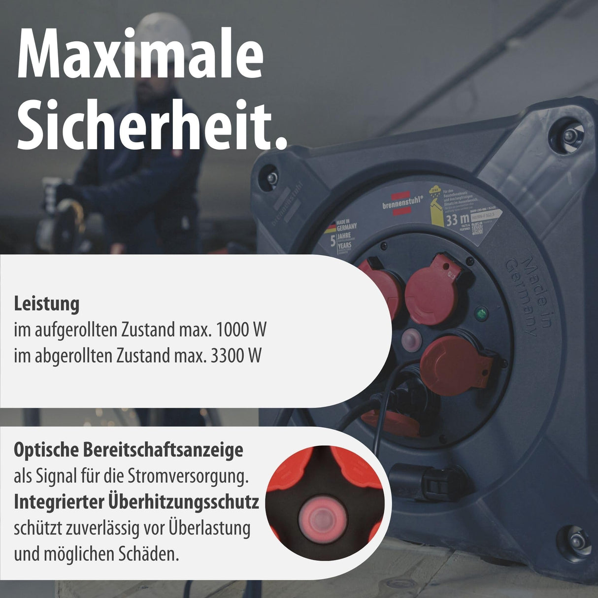 Brennenstuhl Carrete de cable profesional KA 3200 5 IP44 (cable H07RN-F 3G2,5 de 33 m en negro, 5 tomas de seguridad, uso en obra y exterior permanente, fabricado en Alemania)