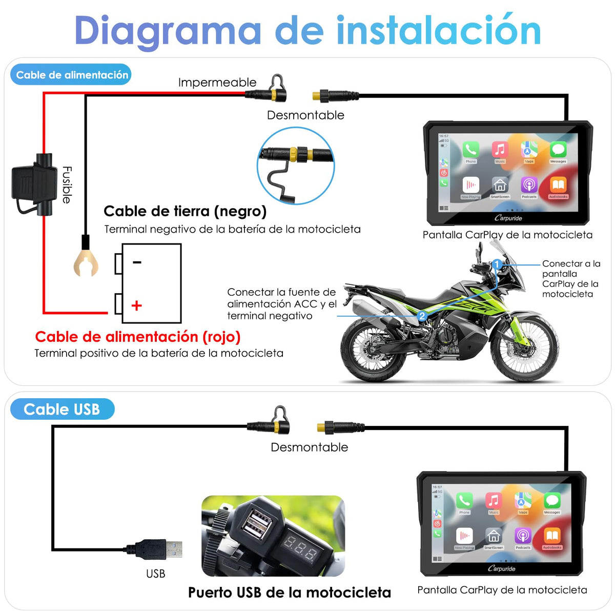 Carpuride W702 Pantalla GPS 7 Pulgadas CarPlay para Motocicleta - CarPlay Inalámbrico y Android Auto, Pantalla Táctil Impermeable, Bluetooth Dual, Navegación, Siri.