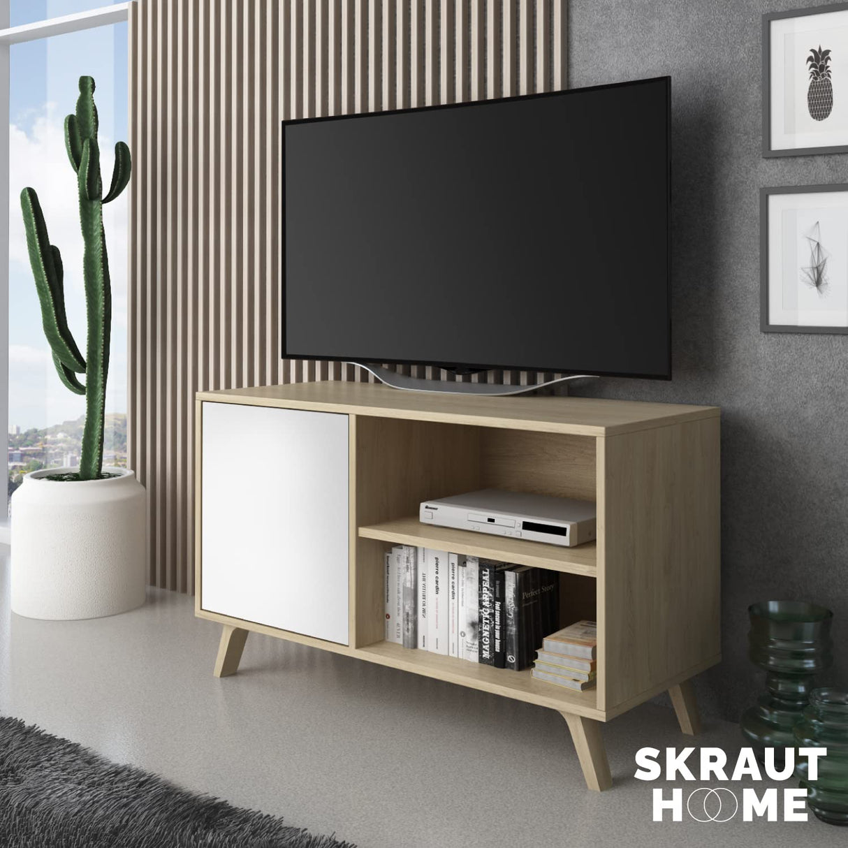 Skraut Home | Mueble de TV para Salón | 57 x 95 x 40 cm | Indicado para TV de 32/40" | Modelo Wind 100 | Puccini | Puerta Abatible Color Blanco