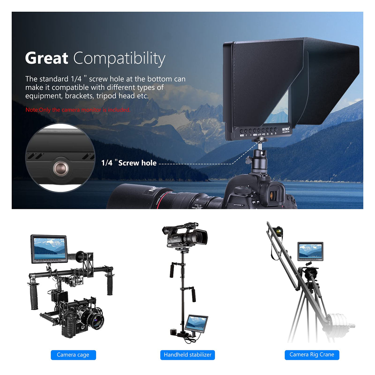 NEEWER F100 Monitor de Campo de Cámara de 7" HD Asistente de Video Delgado IPS 1280x800 Entrada HDMI 1080p con 2600mAh Batería de Li-Ion/Cargador USB, Brazo Mágico de 11" para Cámara DSLR