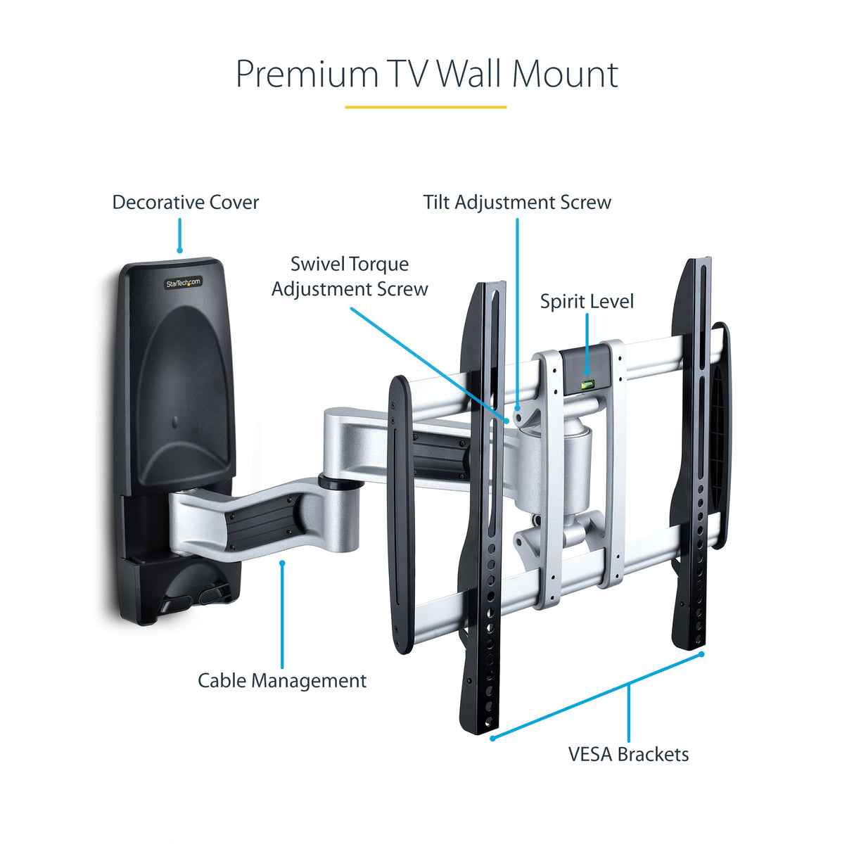 StarTech.com Soporte de Montaje Articulado de Pared para Televisores - Soporte VESA de Pared - Soporta TV Plano o Curvos de 65" o 45kg - Perfil Bajo Retraible - de Esquina (TV-WALL-MOUNT-65FS)