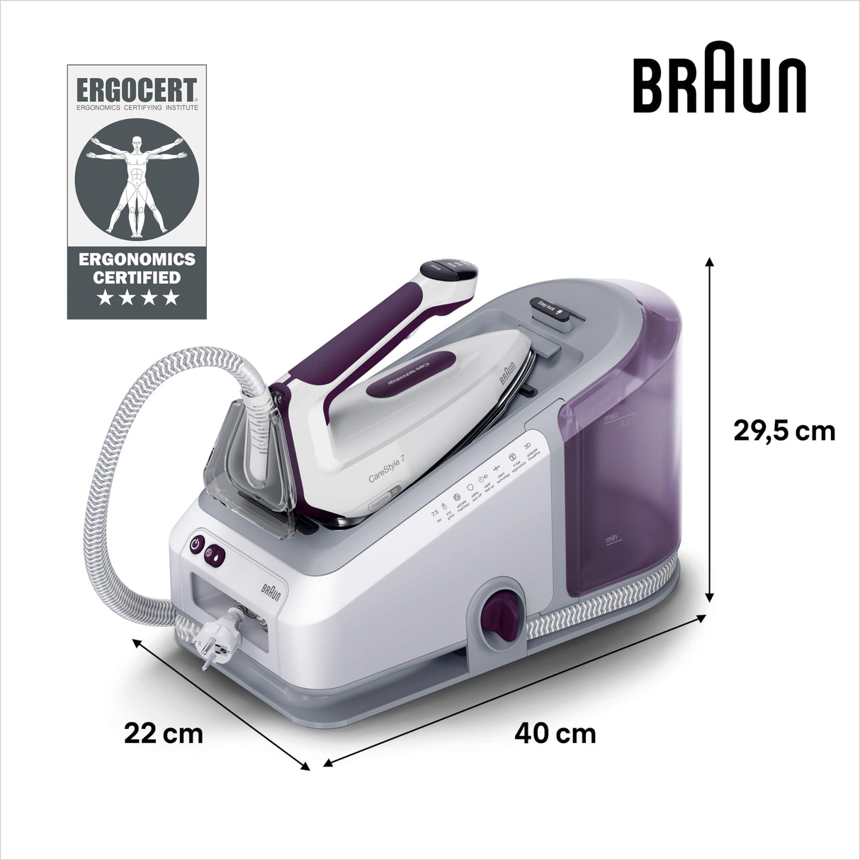 Braun CareStyle 7 IS7266VI, Plancha con Generador de Vapor Profesional, FreeGlide 3D, iMode e iCare, Planchado Vertical, Ultimate FastClean, Apagado Automático, Depósito Extraíble 2 L, 2700W, Violeta