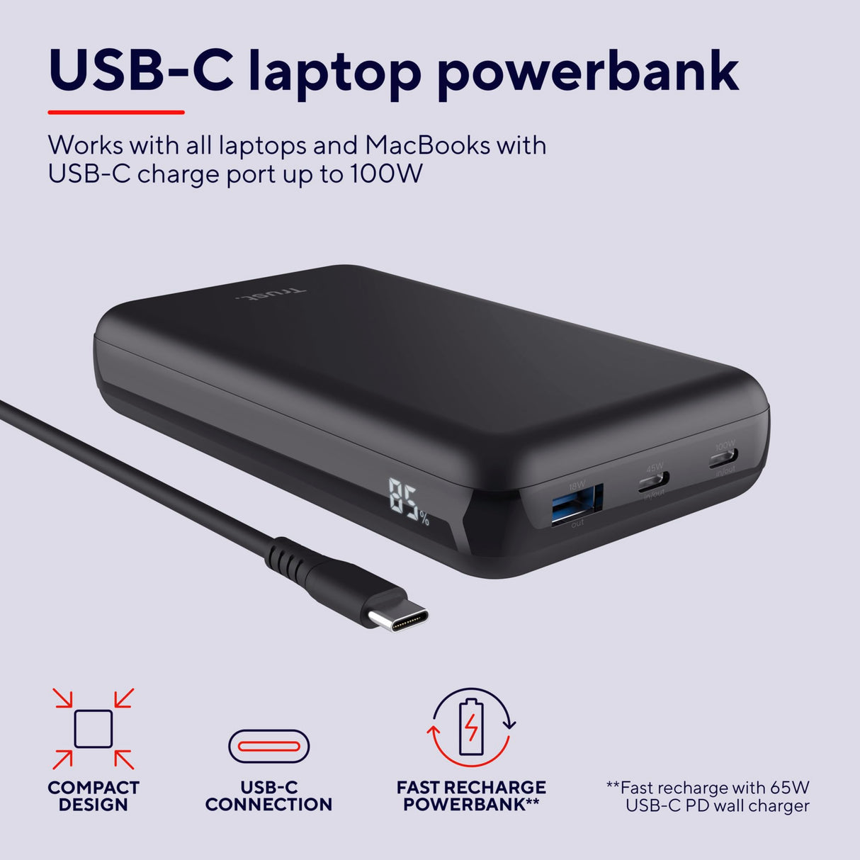 Trust Laro Power Bank 20000mAh 100W para Portátil 2X USB-C 1x USB-A, Batería Externa Carga Rapida, Cargador Portátil Powerbank iPhone Macbook iPad Steam Deck Xiaomi DELL ASUS Lenovo HP