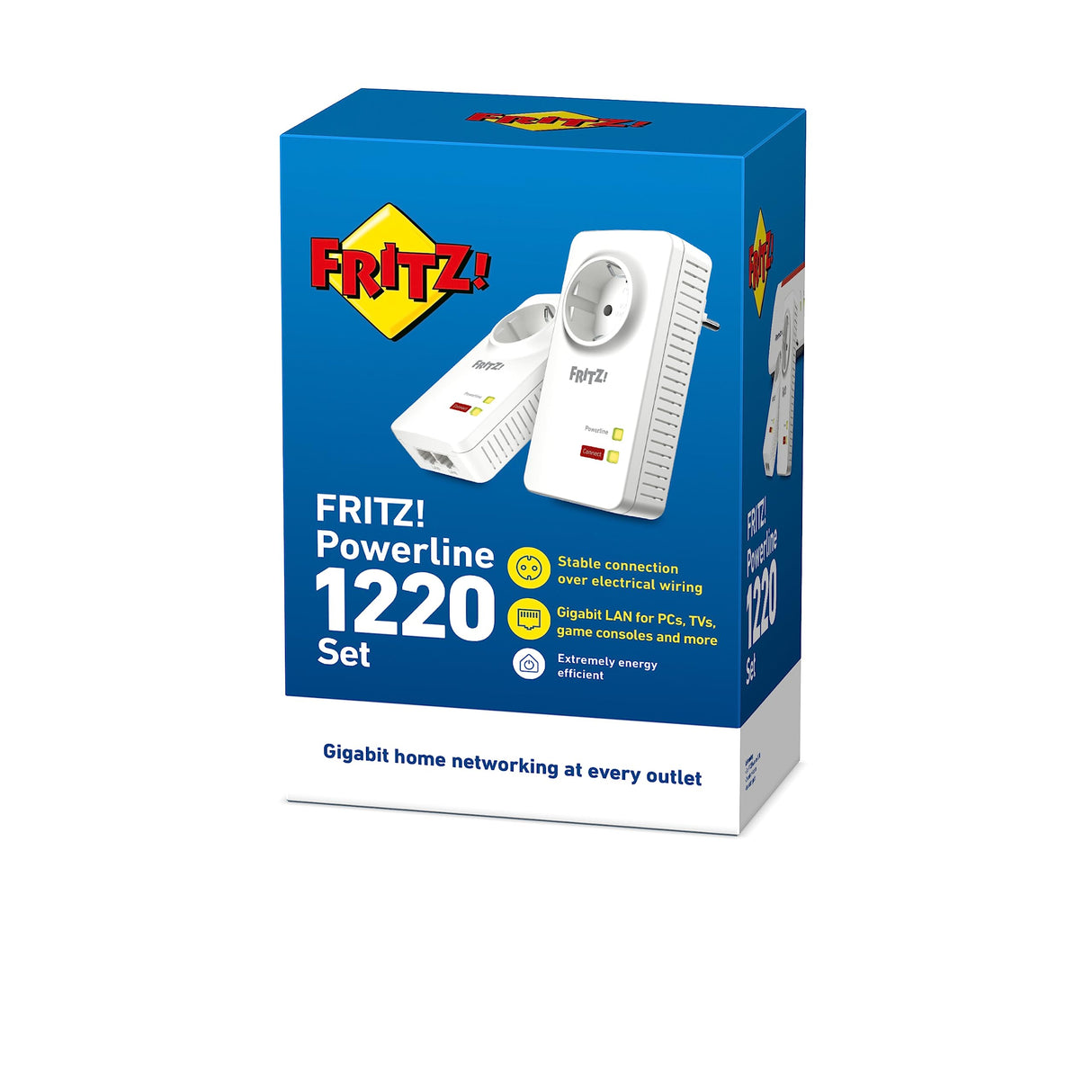 FRITZ!Powerline 1220 Set International - Adaptador/Extensor de Red por línea eléctrica, PLC, Compatible HomePlug AV2, IEEE P1901, 1200 Mbps, 2 Puertos LAN Gigabit, Toma de Corriente integrada