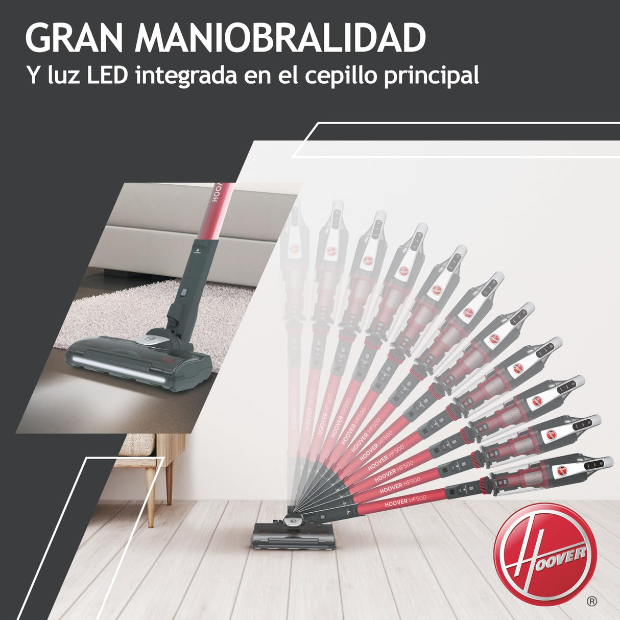 Hoover HF500 Plus Home HF522STH Aspiradora Escoba sin Cable, Accesorio 2 en 1, 45 min, Carga ultrarápida 2.5h, 15500 Pa, Dual led localizador de Polvo, Color Rojo