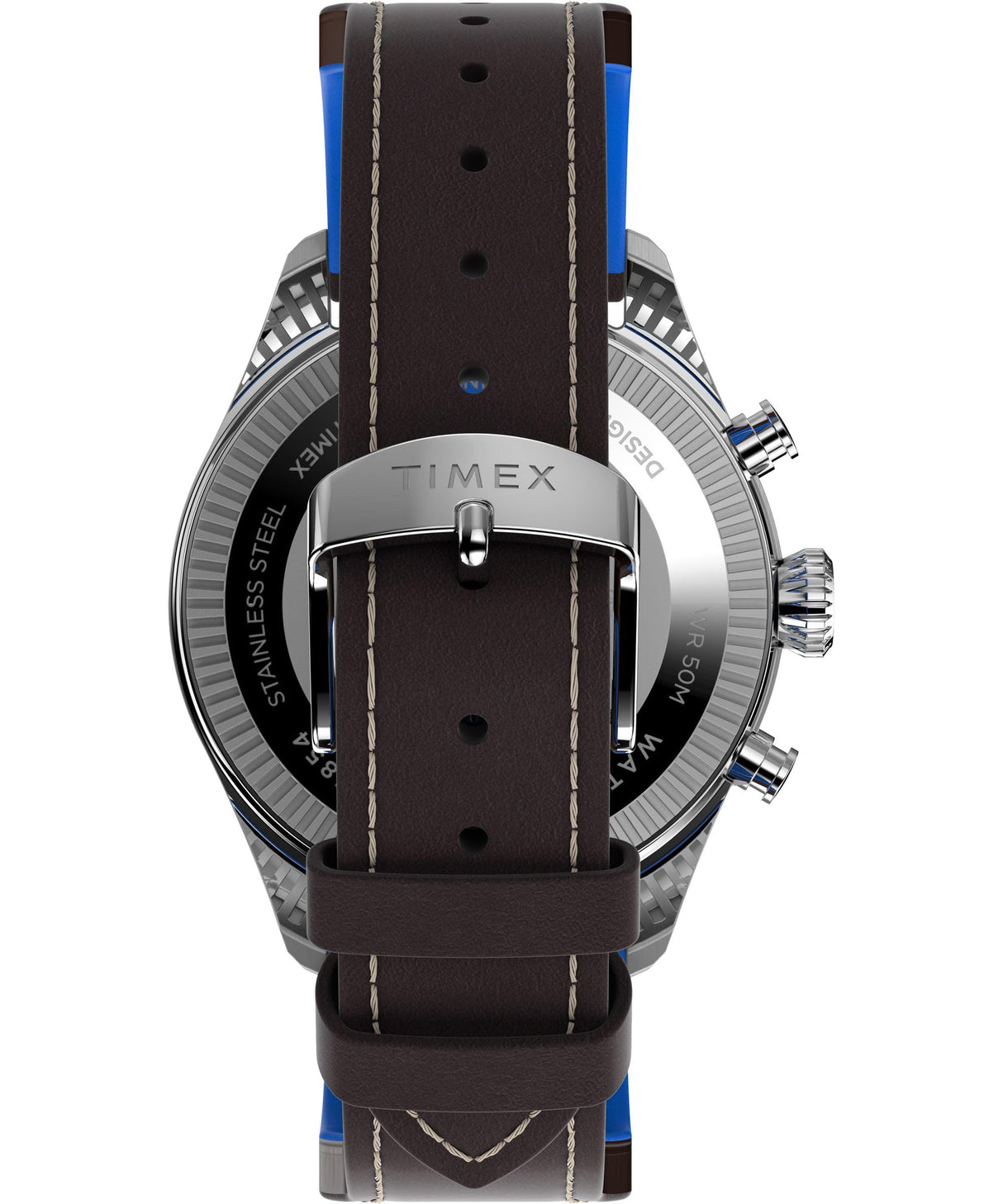 Timex Chronograph - Reloj de 42 mm para hombre, cuero marrón, esfera azul, caja de acero inoxidable TWG030000