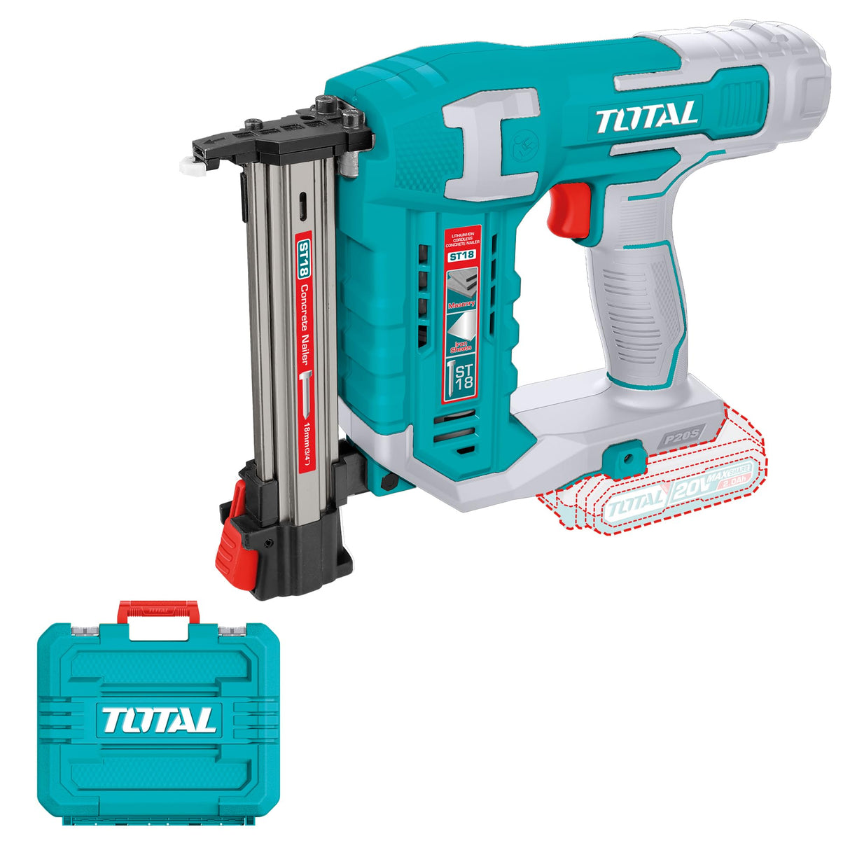 TOTAL - Clavadora a Batería 20V para Hormigón | 2 Clavos| Compatible ST18 | Cargador 65 Clavos | Modelo TCSTLI3805 | Herramienta Eléctrica con Maletín y Clavos Incluidos
