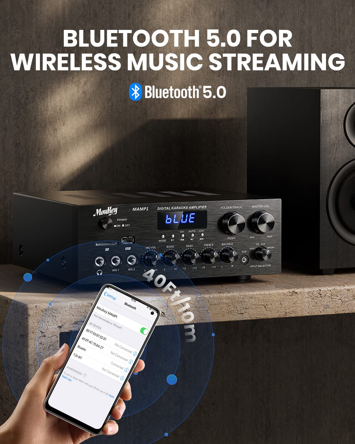 Moukey Receptor de Amplificador de Audio Estéreo de 2 Canales, Bluetooth Amplificador Audio 200W con USB, SD, AUX, RCA, Mic in con Echo, Radio, LED para Casa Altavoz, MAMP1